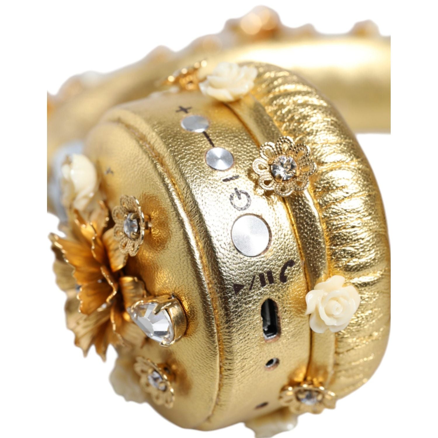 سماعات رأس دولتشي آند غابانا الذهبية المصنوعة من الجلد والزهور والكريستال