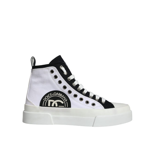 Dolce & Gabbana White Black Cotton Logo High Top Sneaker Shoes