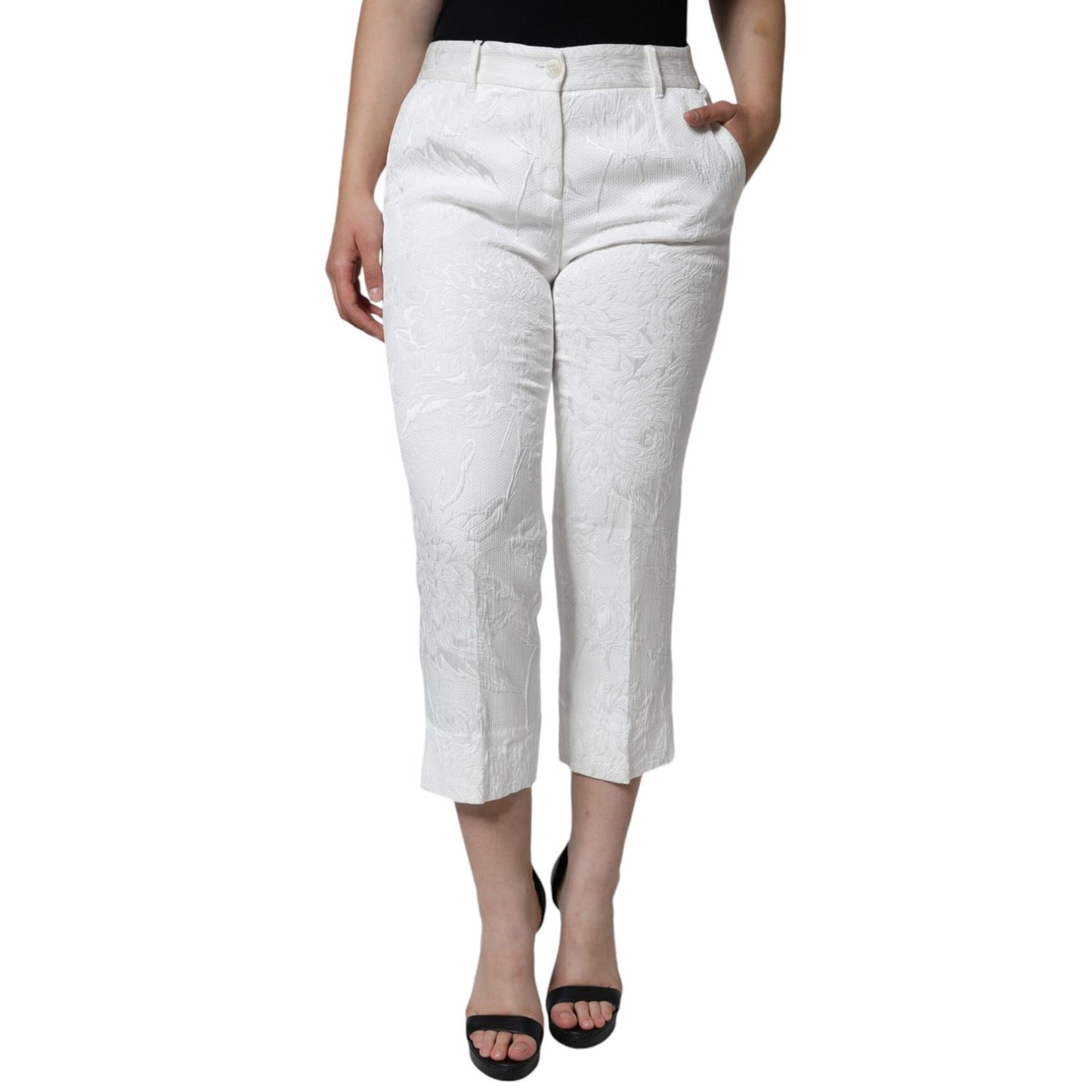 Dolce & Gabbana White Floral Brocade Cotton Cropped Pants