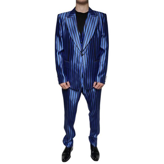 Dolce & Gabbana Metallic Blue Stripes Formal 3 Piece Suit