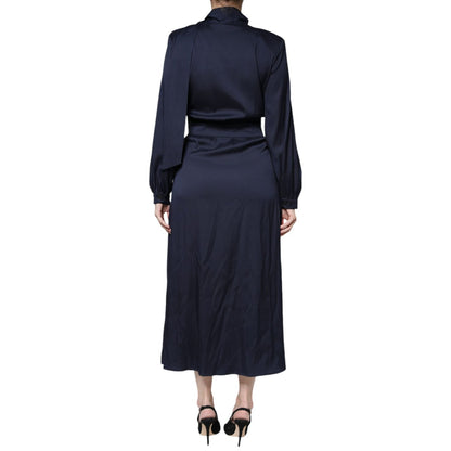 Ballantyne Dark Blue Long Sleeves Pleated A-line Maxi Dress Ballantyne