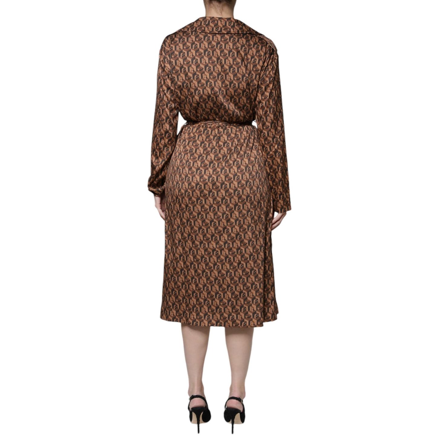 Ballantyne Brown Printed Long Sleeves V-neck Wrap Midi Dress Ballantyne