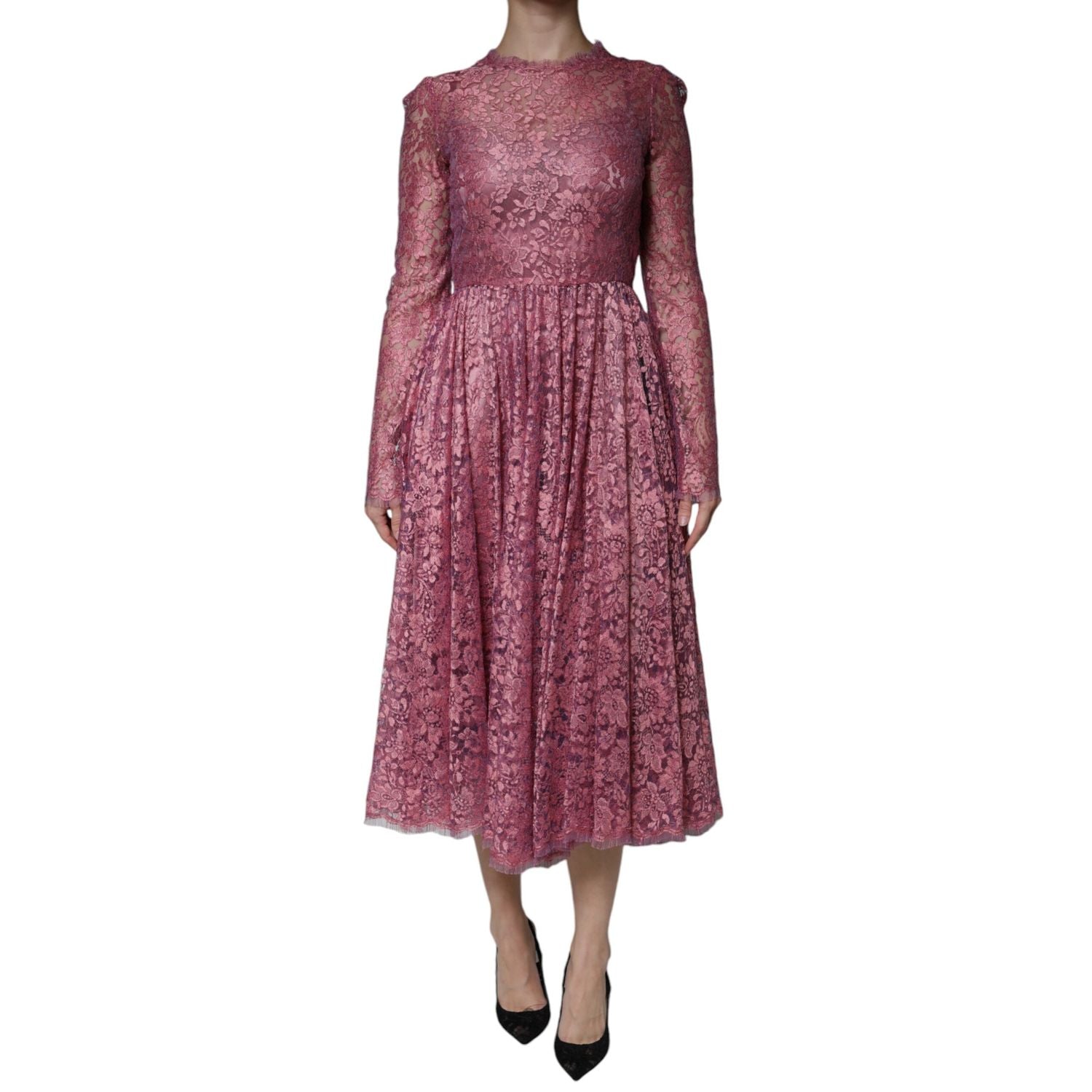 Dolce & Gabbana Fuchsia Floral Lace Long Sleeve Maxi Dress