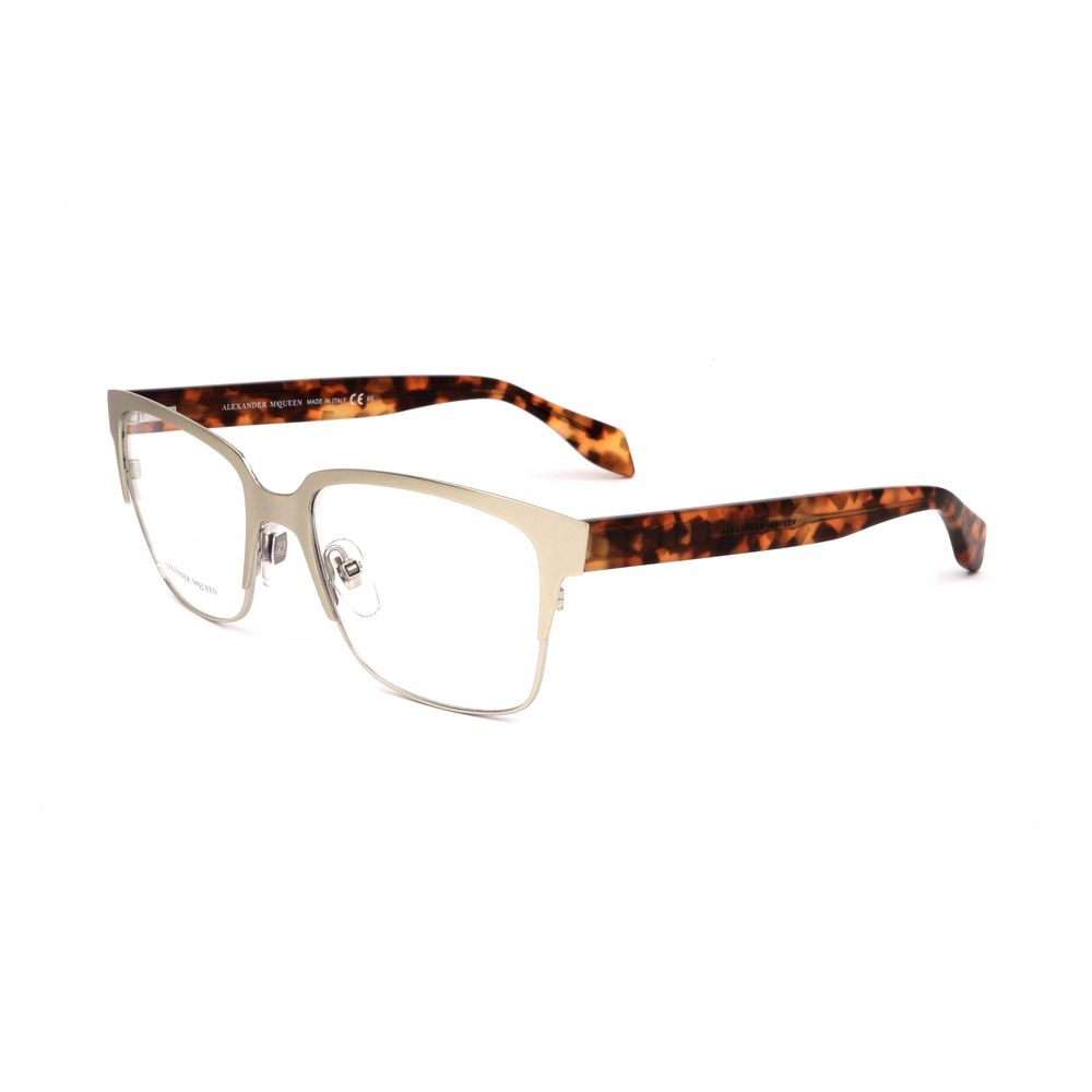 Alexander McQueen Bicolor Metal Frames in matte gold and havana with 53/17/140mm size, stylish eyewear for women.