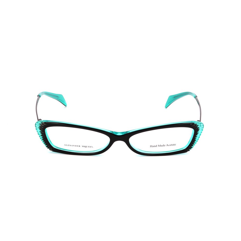 Alexander McQueen Multicolor Acetate Frames in turquoise, ruthenium grey and black with a cat-eye design, 52/14/145mm dimensions.