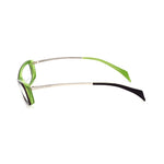 Side view of Alexander McQueen Multicolor Acetate Frames in golden, violet, and green with measurements 52/14/145 mm.