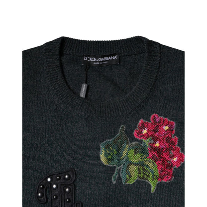 Dolce & Gabbana Gray Embellished Crew Neck Pullover Sweater