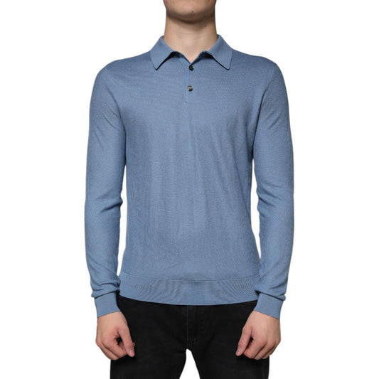 Dolce & Gabbana Sky Blue Silk Collared Men Pullover Sweater