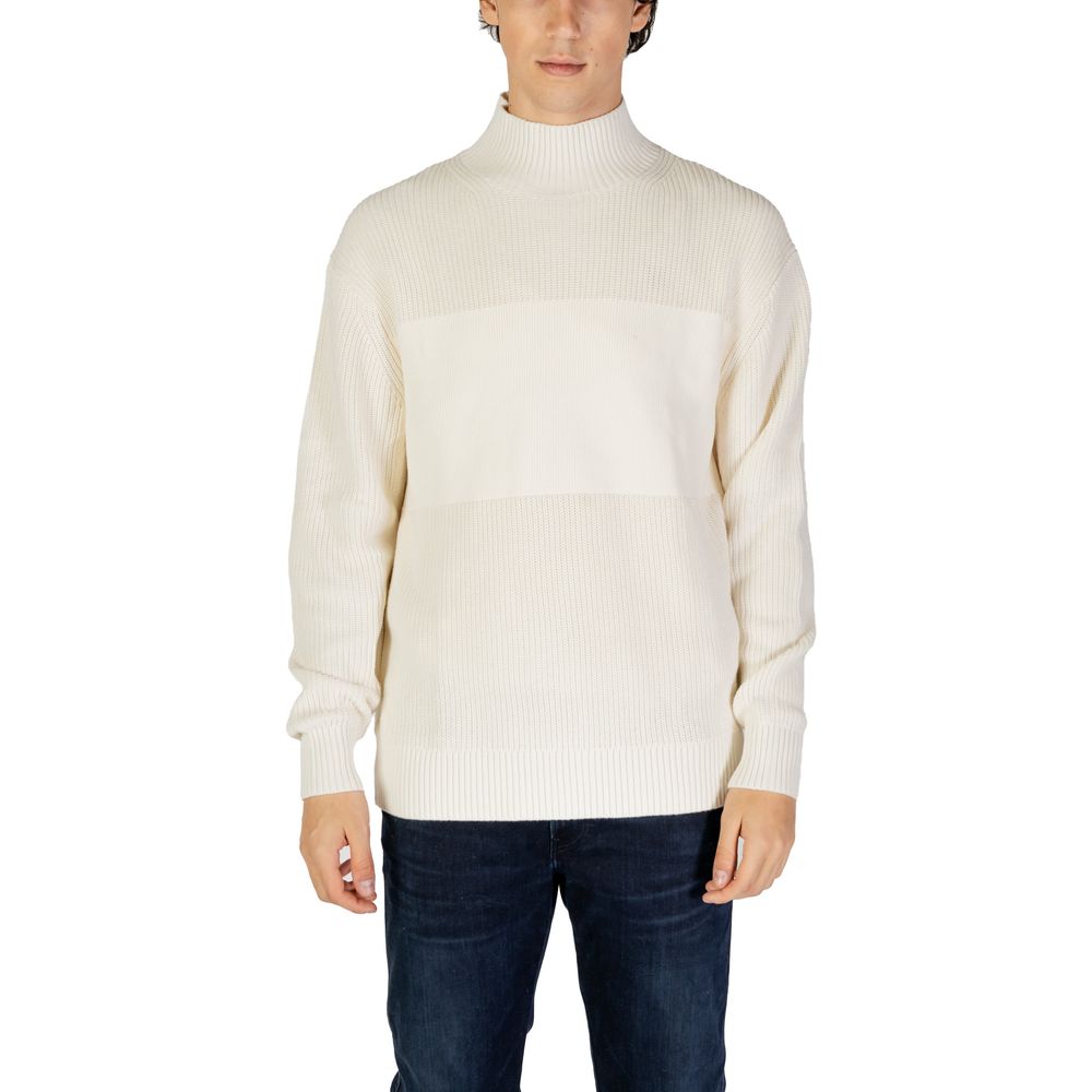 Calvin Klein Jeans Cream Cotton Sweatshirt for men with mixed ribbed knit and high neckline, providing stylish comfort and warmth.