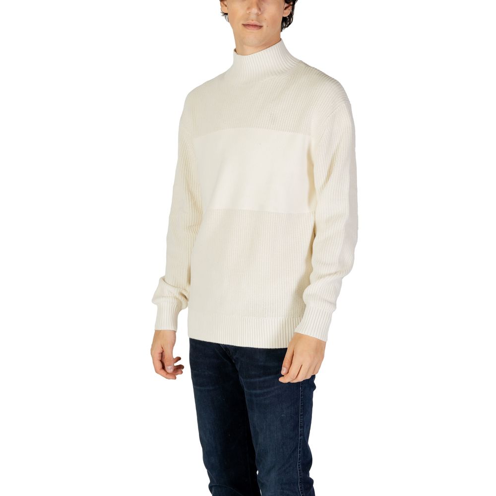 Calvin Klein Jeans Cream Cotton Sweatshirt with high neckline and mixed ribbed knit design for men