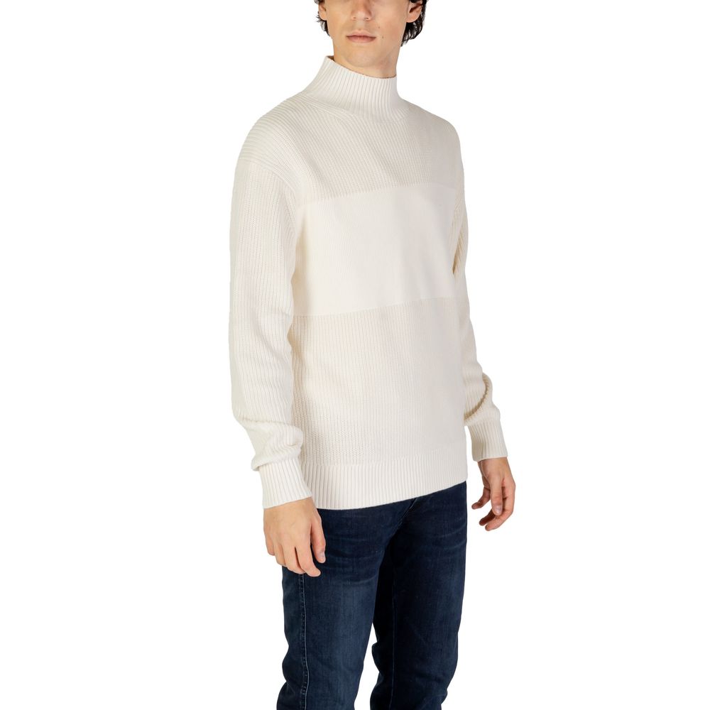 Calvin Klein Jeans Cream Cotton Sweatshirt in mixed ribbed knit with high neckline for men
