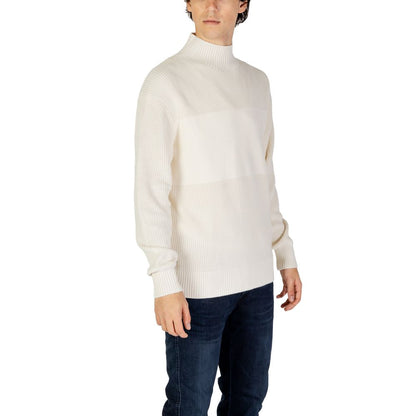 Calvin Klein Jeans Cream Cotton Sweatshirt in mixed ribbed knit with high neckline for men