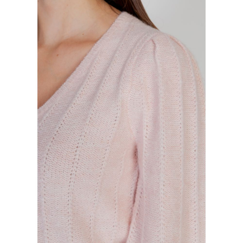 Close-up of Guess Pink Polyester Sweatshirt with ribbed texture and V-neckline, highlighting the elegant design for autumn-winter season