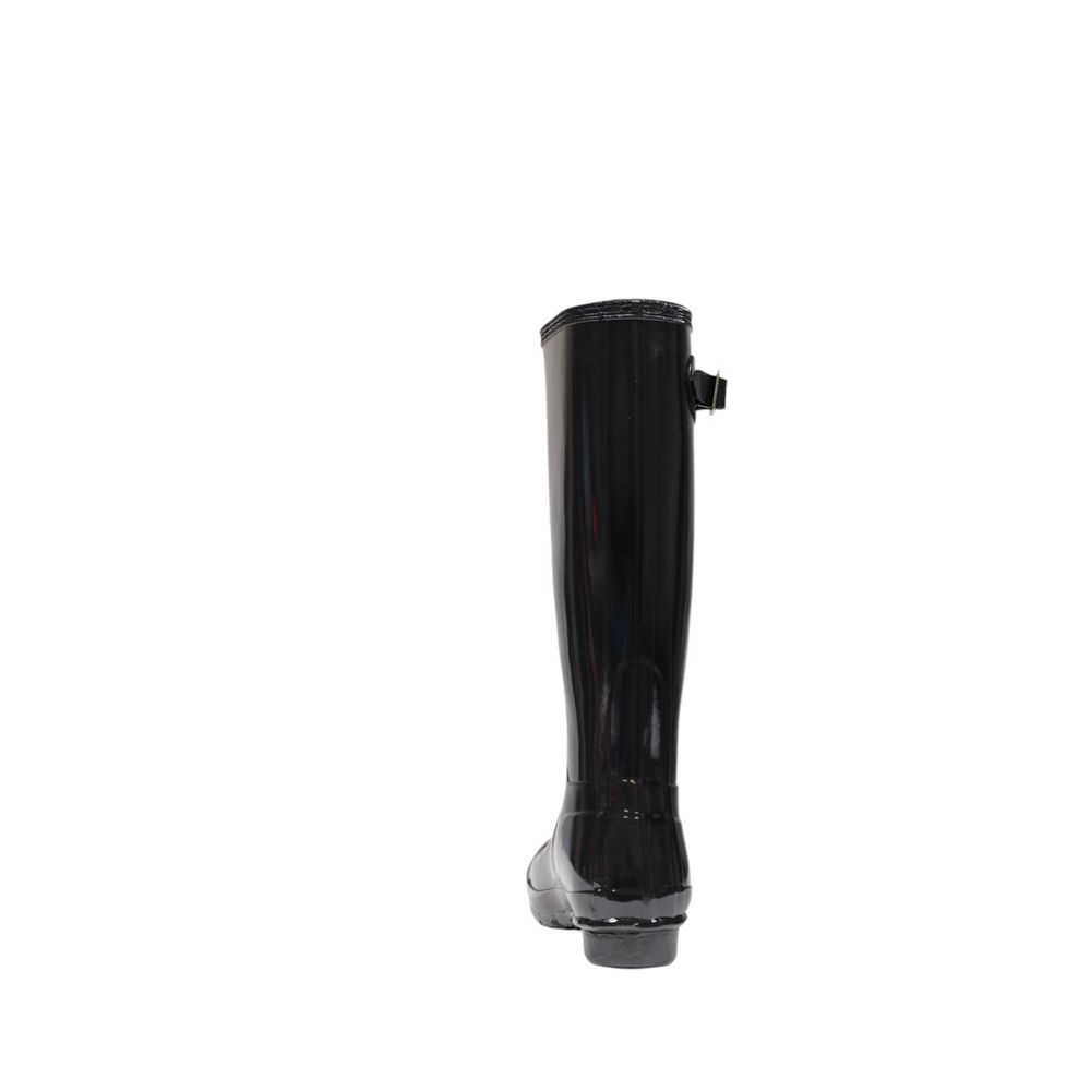 Hunter Black Recycled Polyester Ankle boot back view with adjustable side buckle and tall design for rainy days.