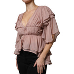 Alberta Ferretti Brown Silk Short Sleeves V-neck Pleated Top
