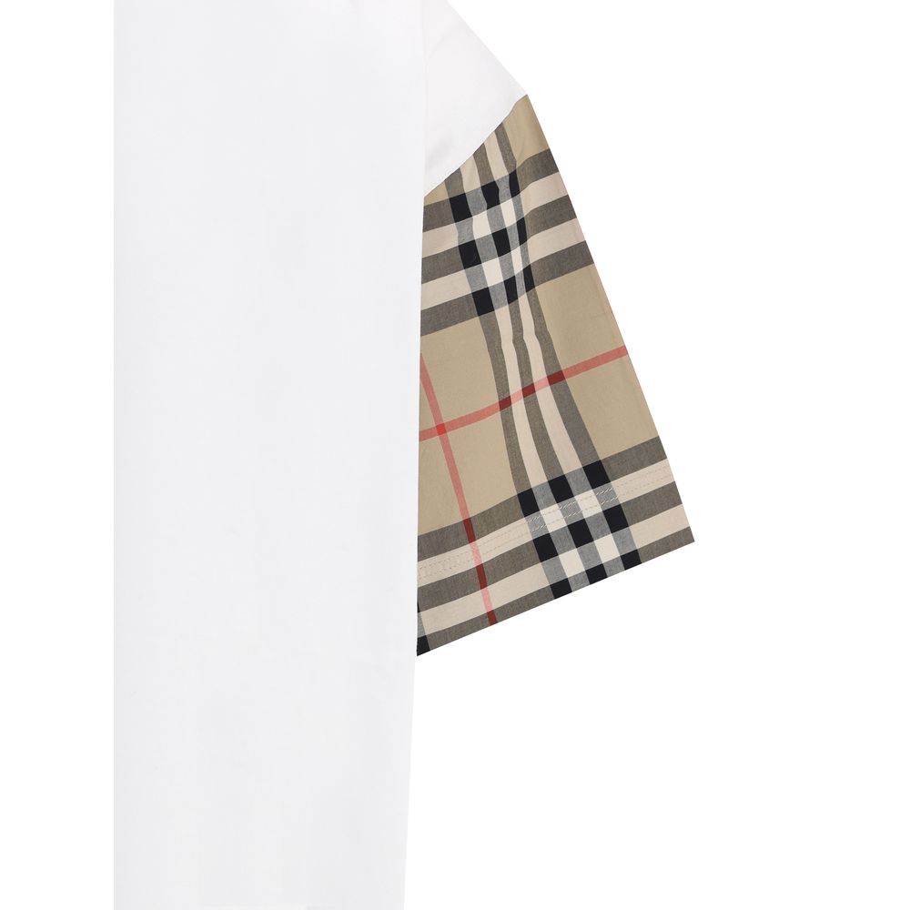 Close-up of Burberry White Cotton T-Shirt with iconic Check Archive sleeve pattern