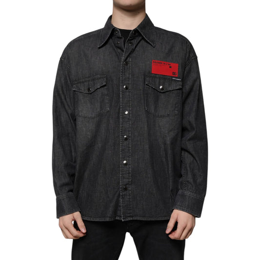 Dolce & Gabbana Black Logo Cotton Button Down Denim Shirt