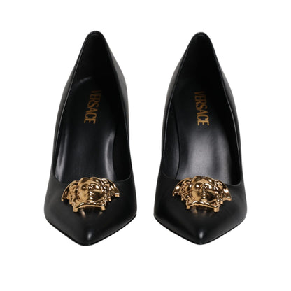 Versace Black Leather Logo Plaque High Heels Pumps Shoes