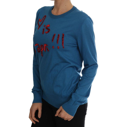 Dolce & Gabbana Blue Silk Love is Pullover Sweater