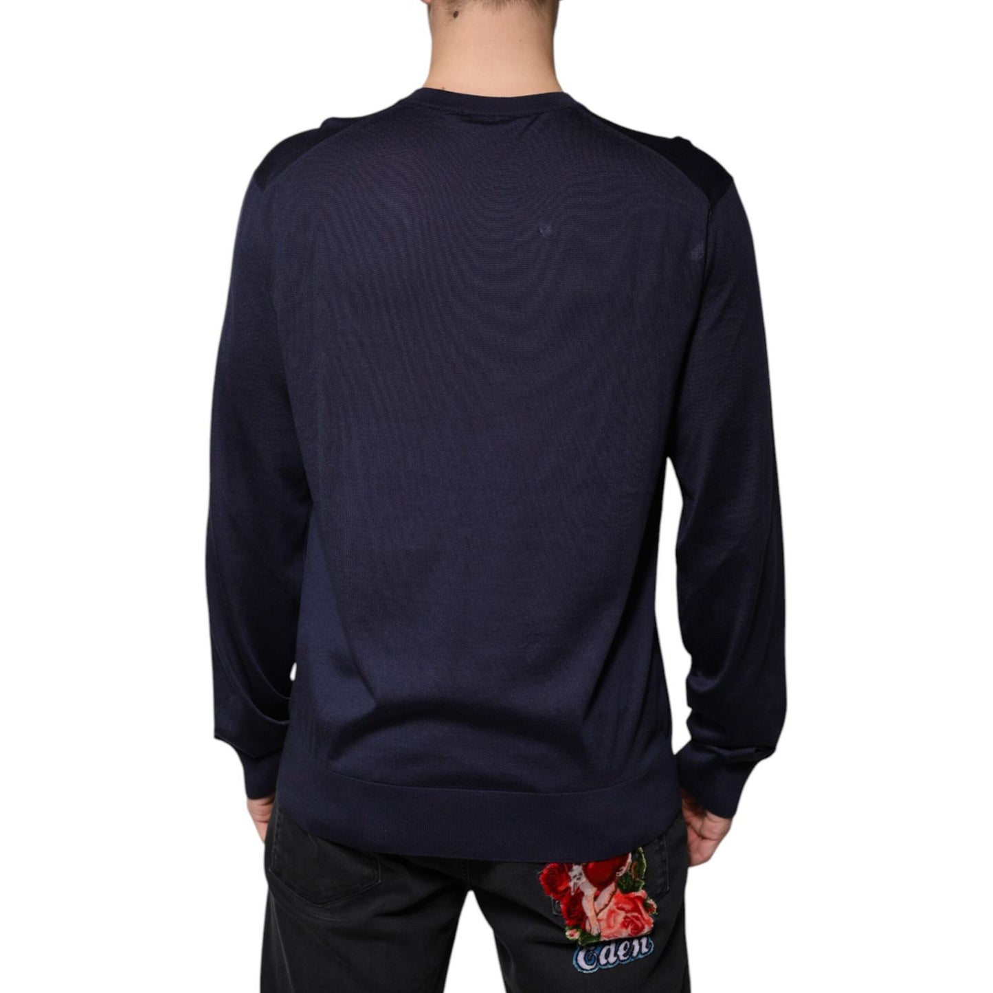Dolce & Gabbana Navy Blue Silk V-neck Pullover Sweater