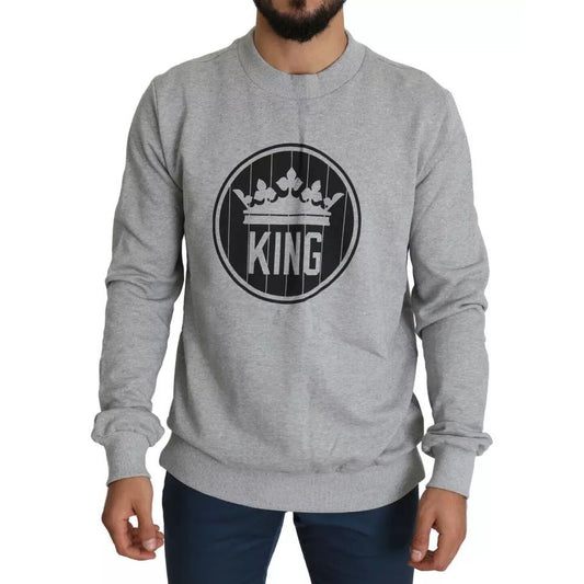 Dolce & Gabbana Gray Crown King Print Cotton Pullover Sweater