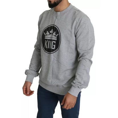 Dolce & Gabbana Gray Crown King Print Cotton Pullover Sweater