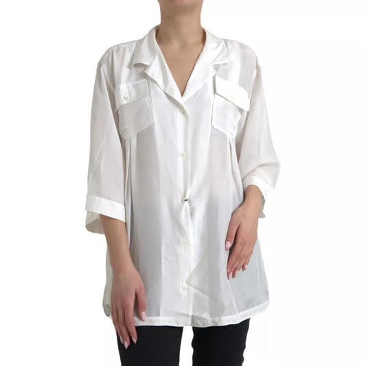 Dolce & Gabbana White Silk Collared 3/4 Sleeves Blouse Top TSH84786-48