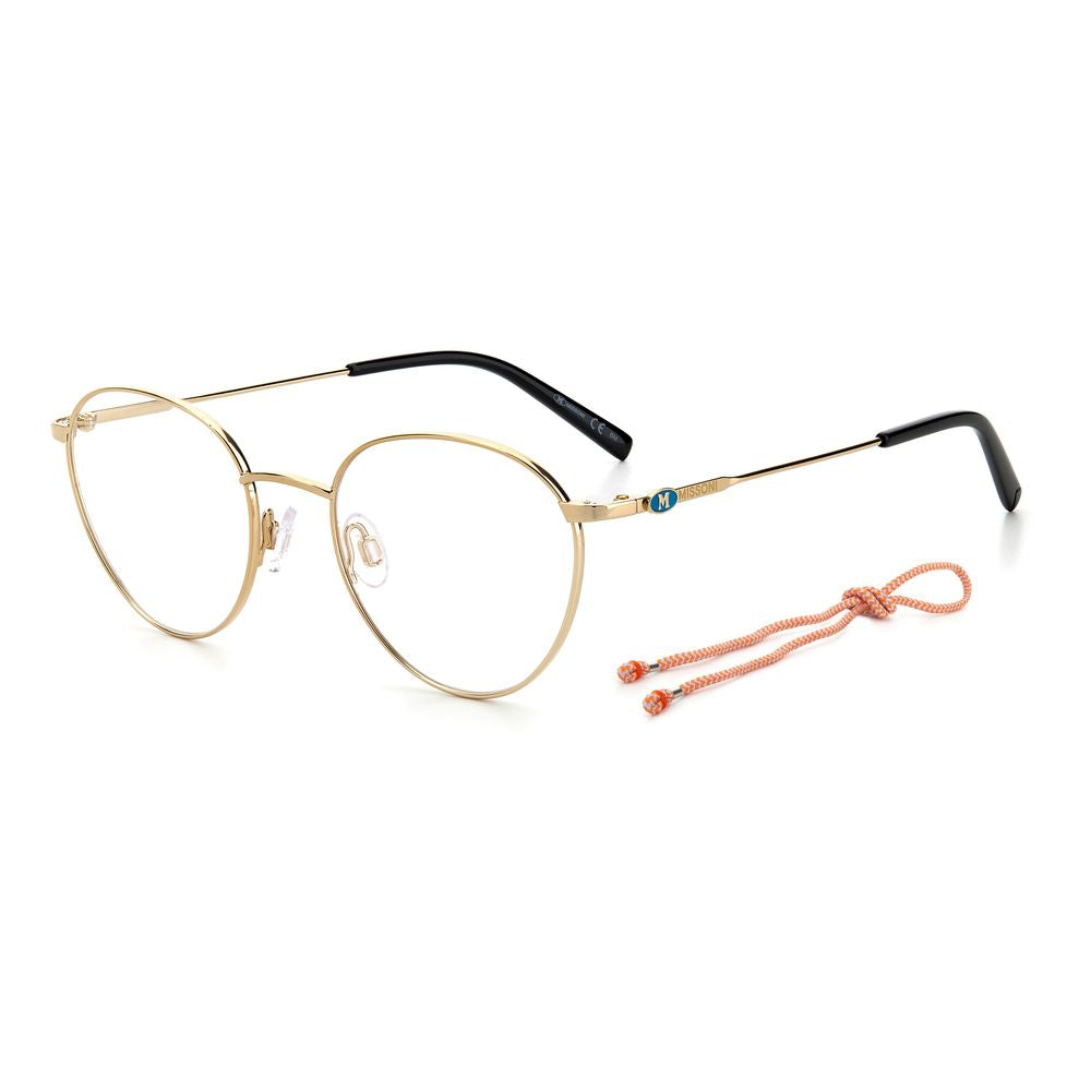 M Missoni Gold Metal Frames with round lenses and temple length 145mm, stylish eyewear for women, glossy golden finish.