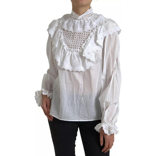 Dolce & Gabbana White Cotton Lace Trim Turtle Neck Blouse TSH83735-46