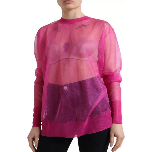 Dolce & Gabbana Pink Sheer Long Sleeves Crewneck Top Blouse TSH84249-38