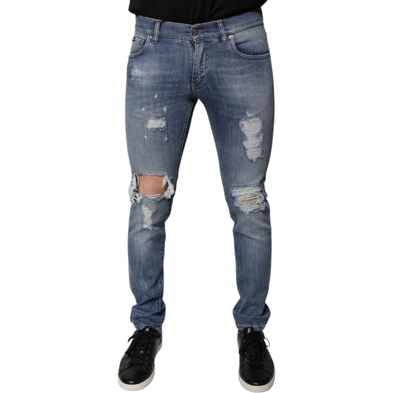 Dolce & Gabbana Blue Tattered Cotton Stretch Skinny Denim Jeans
