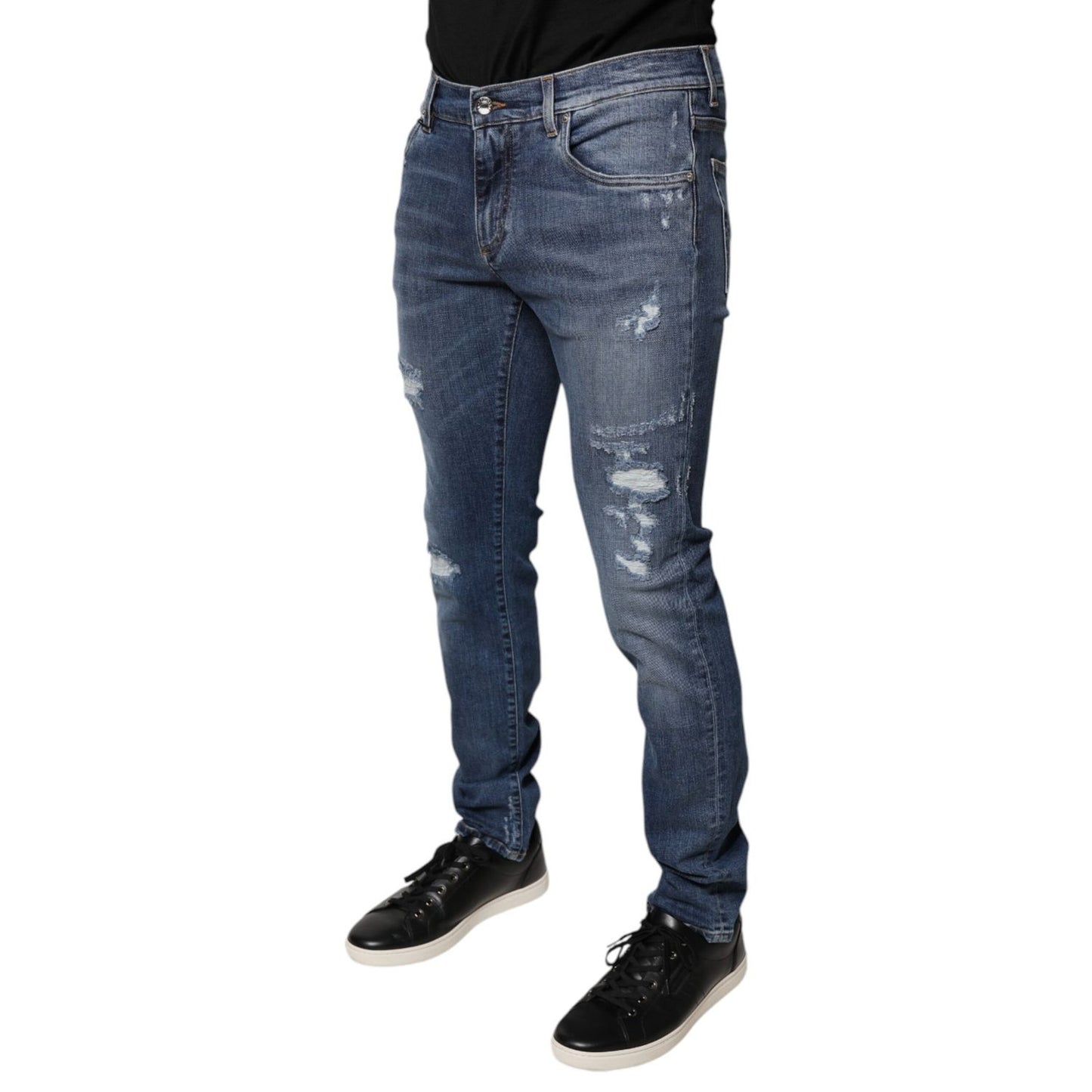 Dolce & Gabbana Blue Tattered Cotton Stretch Skinny Denim Jeans