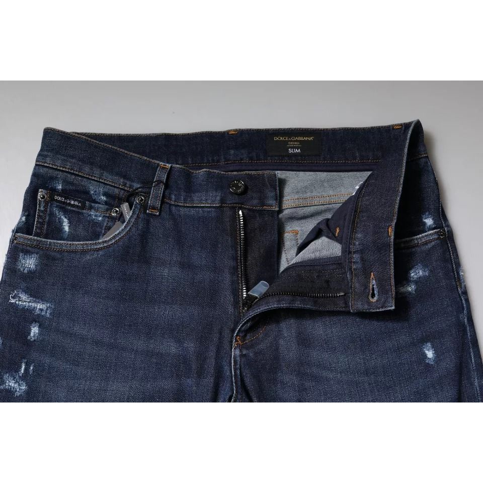 Dolce & Gabbana Blue Cotton Logo Print Slim Fit Denim Jeans