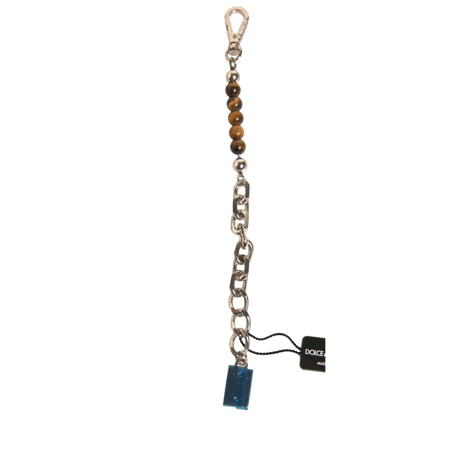 Dolce & Gabbana Silver Brass Chain Beaded Logo Plaque Keychain Keyring