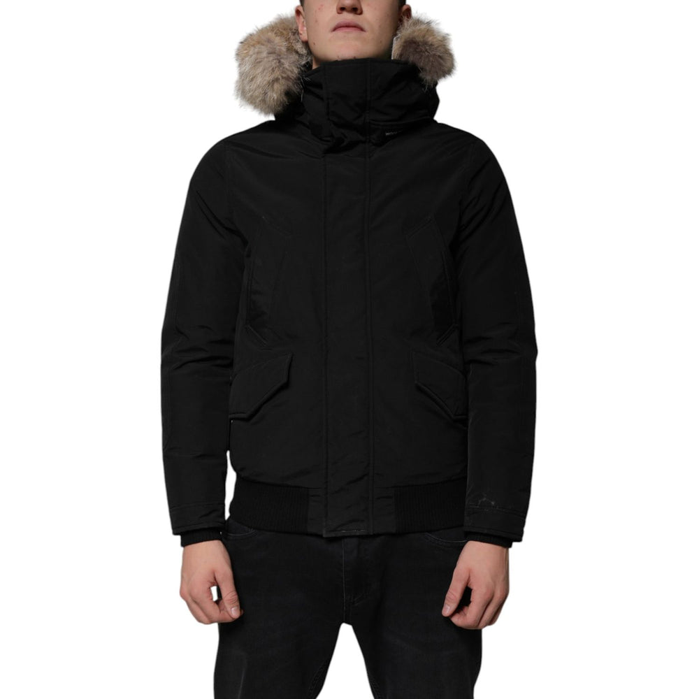 Woolrich Black Hooded Long Sleeves Fur Shearling Coat Jacket