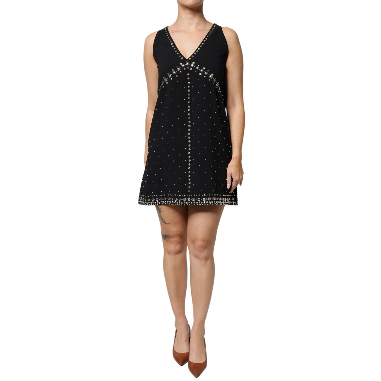 PINKO Black Embellished Polyester Sleeveless Shift A-line Mini Dress