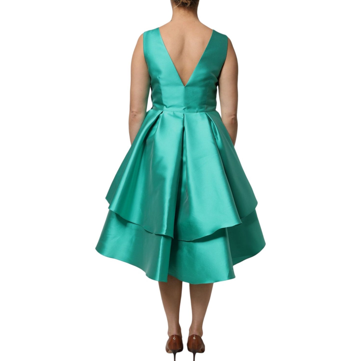 Alberta Ferretti Green Satin Polyester Sleeveless V-neck Layered Dress