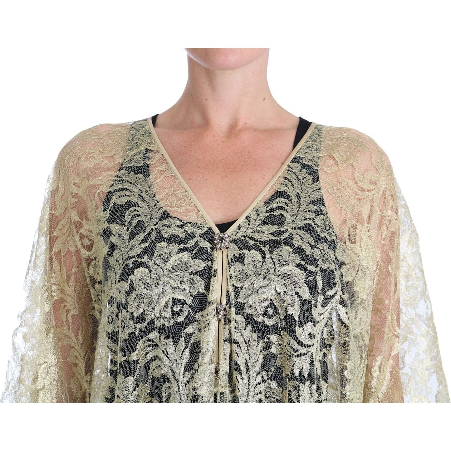 Dolce & Gabbana Gold Floral Lace Crystal Gown Cape Dress