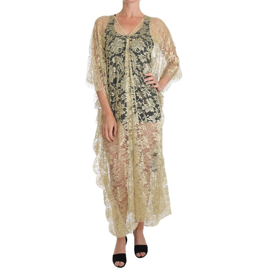 Dolce & Gabbana Gold Floral Lace Crystal Gown Cape Dress