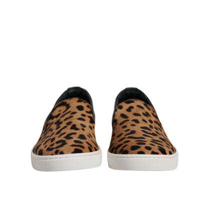 Dolce & Gabbana Brown Calfskin Fur Leopard Sneakers Shoes