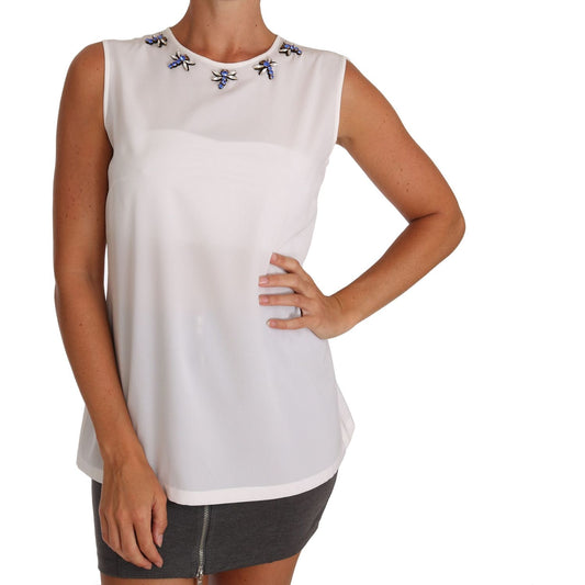 Dolce & Gabbana White Silk Crystal Embellished Fly T-shirt