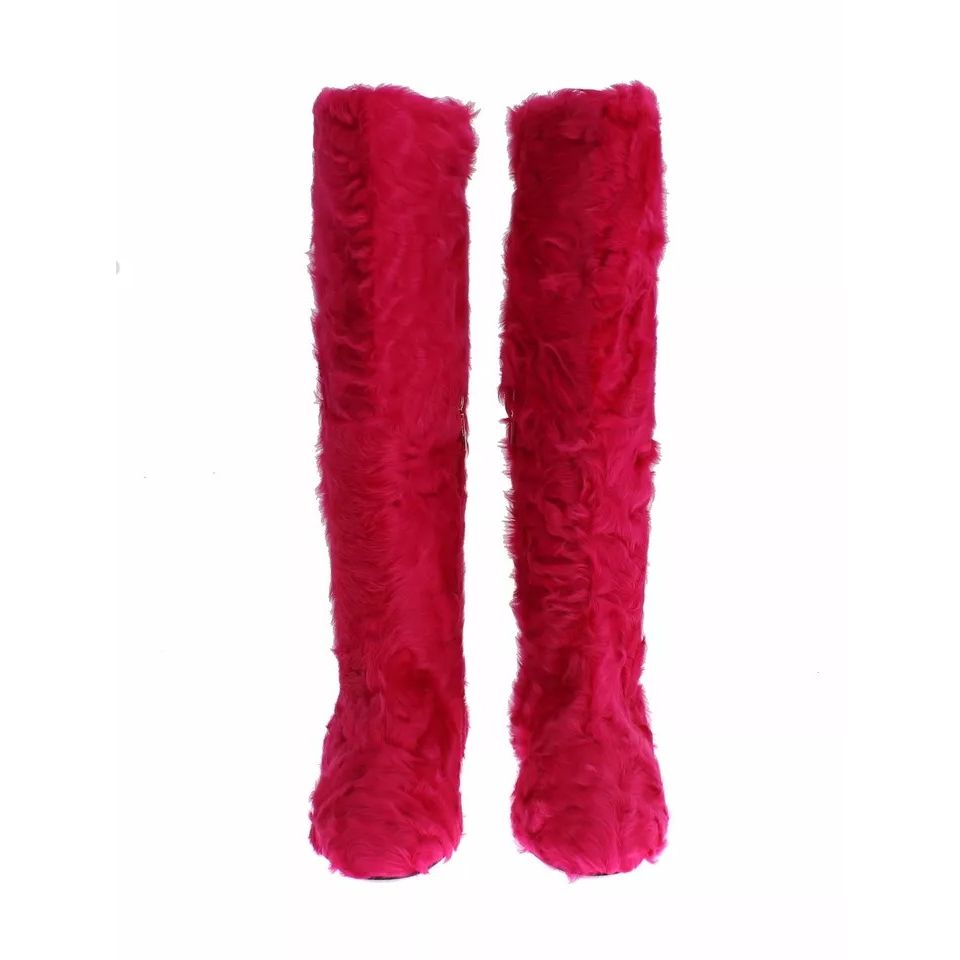 Dolce & Gabbana Pink Lamb Fur Leather Flat Boots Shoes