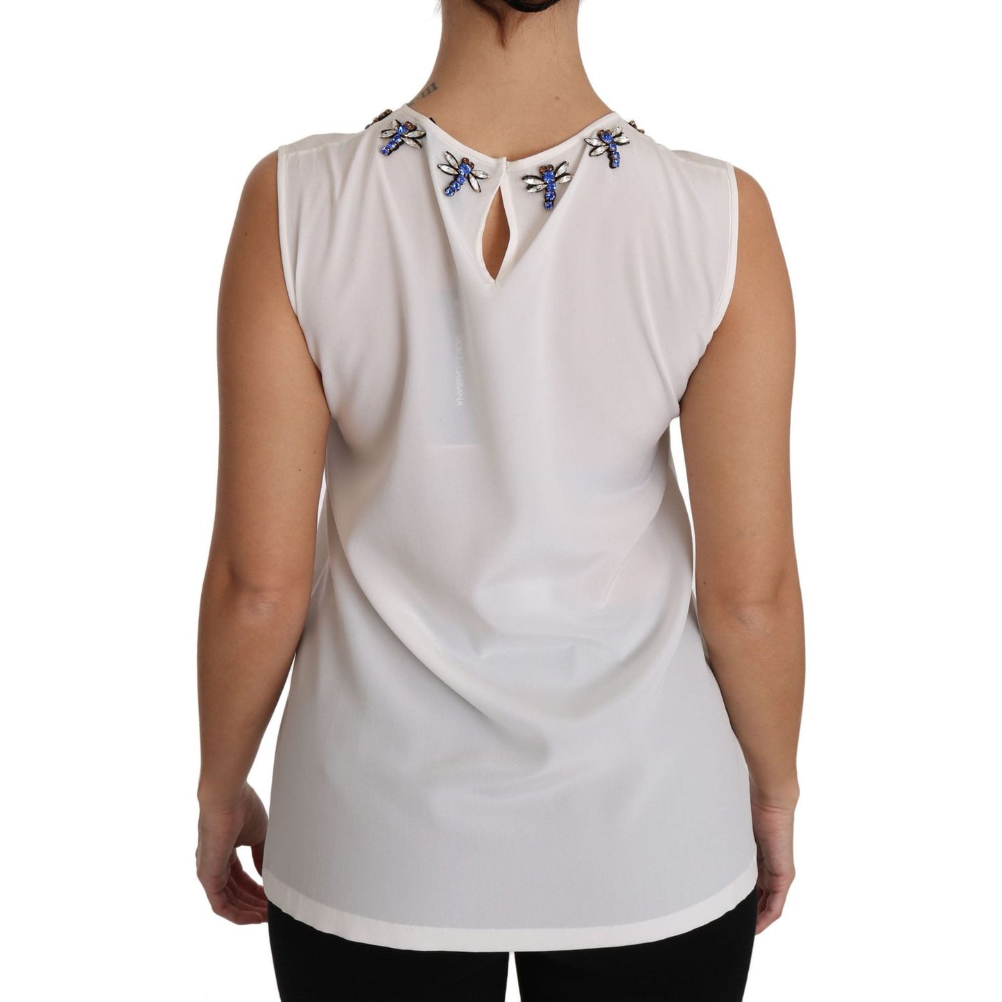 Dolce & Gabbana White Silk Embellished Crystal Dragonfly Top