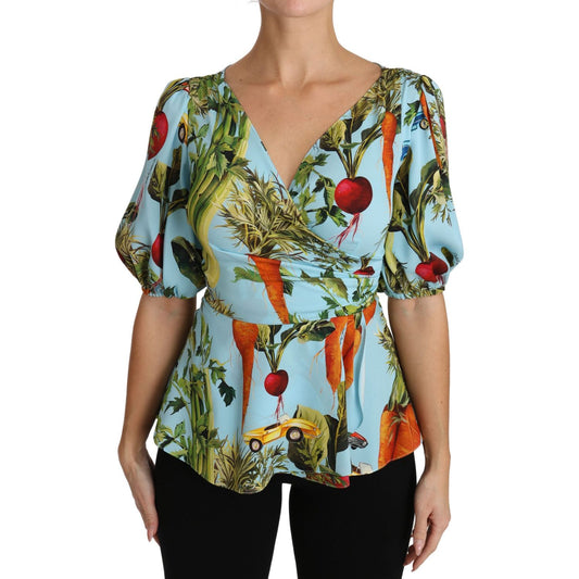 Dolce & Gabbana Multicolor Vegetable Print Silk Top Peplum Wrap Blouse