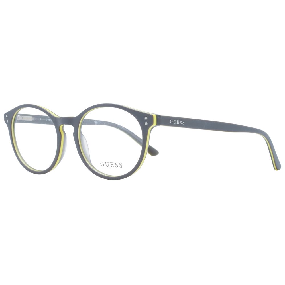 Guess Gray Unisex Glasses Frame with round full-rim plastic design and branded case included.