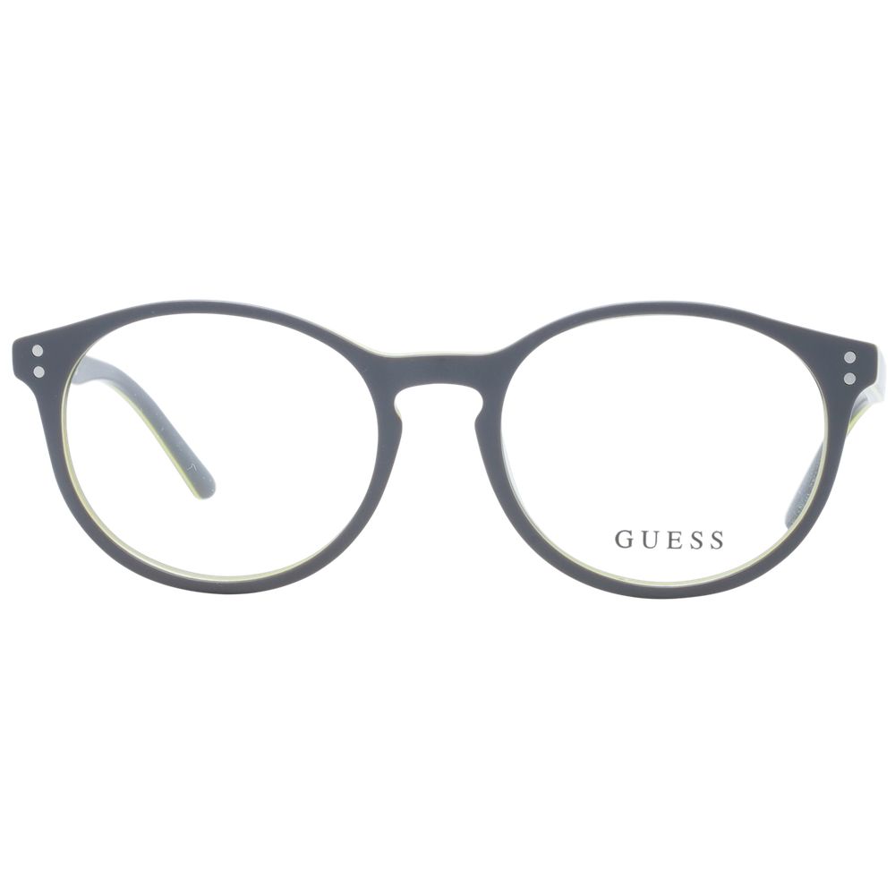 Alt Tag: Guess Gray Unisex Glasses Frame, full-rim round plastic design, spring hinge, branded case included, size 49-17-140.
