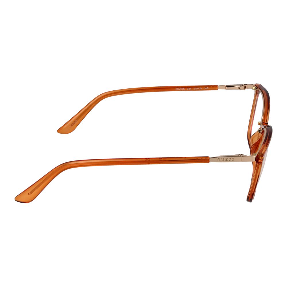 Guess Orange Women Glasses Frame, side view showing full-rim orange plastic frame with spring hinge and 54-15-140 size.