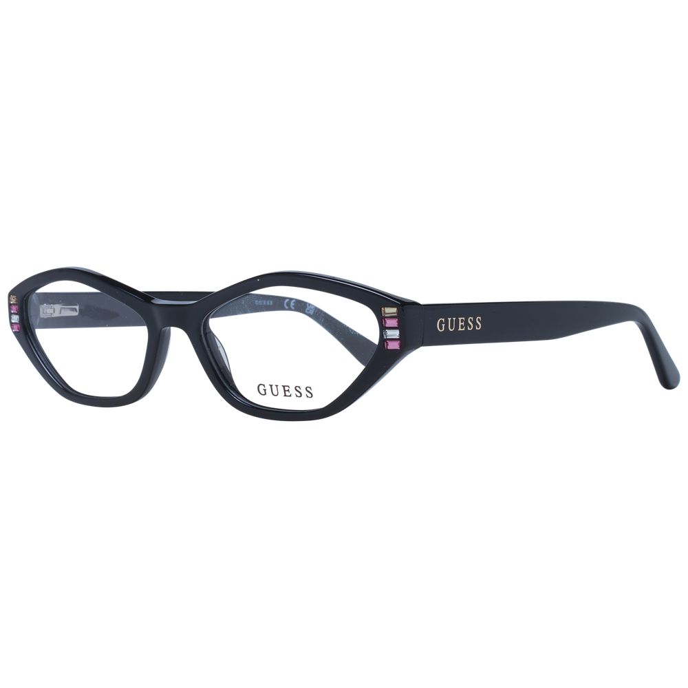 Alt Tag: Guess Black Women Glasses Frame, oval full-rim style, black acetate material, 53mm lens width, 16mm bridge, 145mm temples.