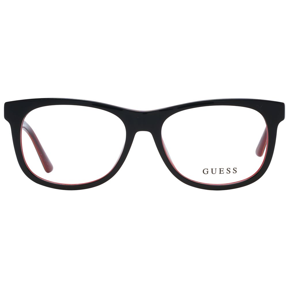 Guess Black Unisex Glasses Frame, full-rim plastic square eyeglasses with demo lenses, size 51-15-140, includes branded case.