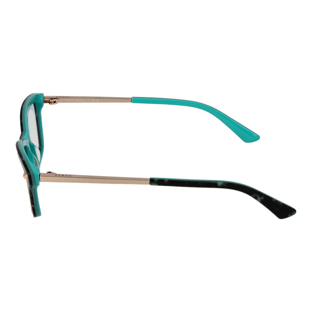 Side view of Guess Black Women Glasses Frame with turquoise temples, metal detailing, and rectangular full-rim design.